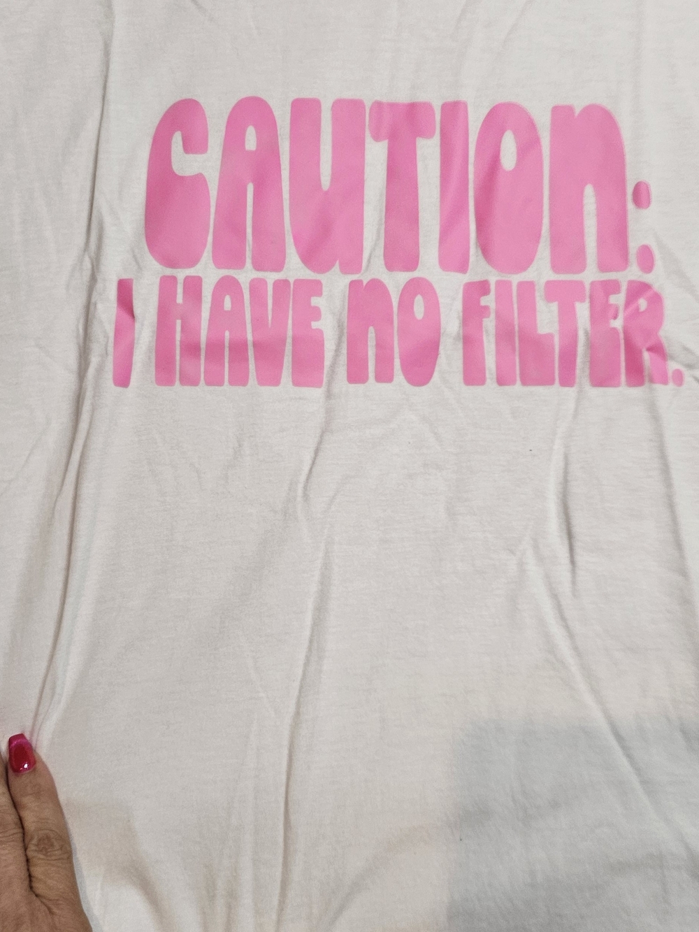American Apparel White Tee with Pink "CAUTION: I HAVE NO FILTER." Print